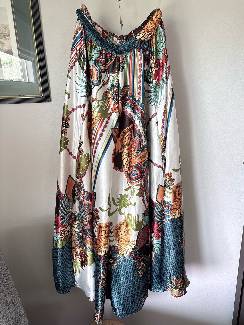 Moon Orchid Boho Silky Maxi Skirt Scarf Print Elastic Waist Made in India size L